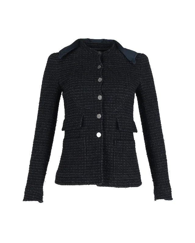 Women's Clothes Chanel Boucle Tweed Fitted Jacket with Detachable Collar in Navy Blue Cotton