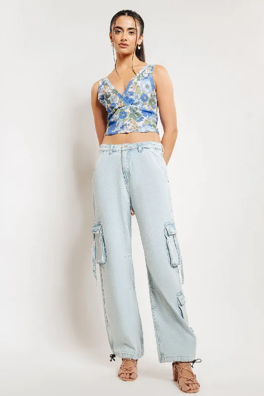Women's Cozy Winter Attire Denim Three Pocketed Light Blue Cargo