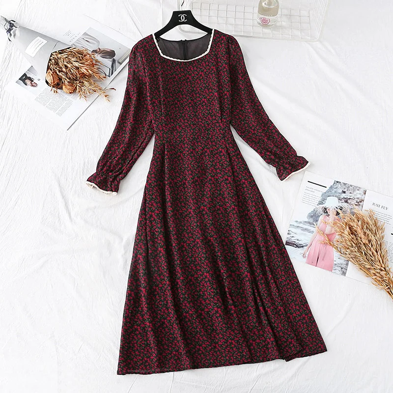 Modern Women's Fashion with Vintage Touches French retro super fairy square collar Lace Floral bottomed long skirt 3997 Modern Women's Fashion with Vintage Touches French retro super fairy square collar Lace Floral bottomed long skirt 3997