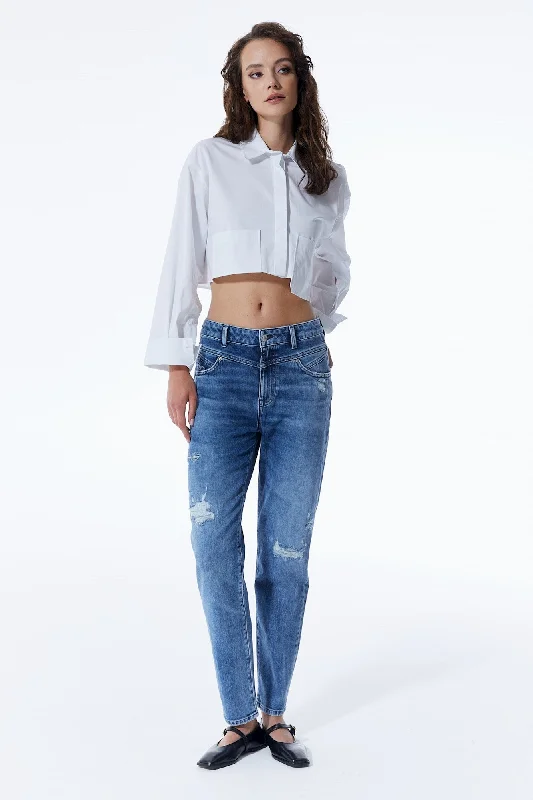 Women's Party Clothes Victoria Mid Waist 5 Pocket Jeans Medium Blue Damaged