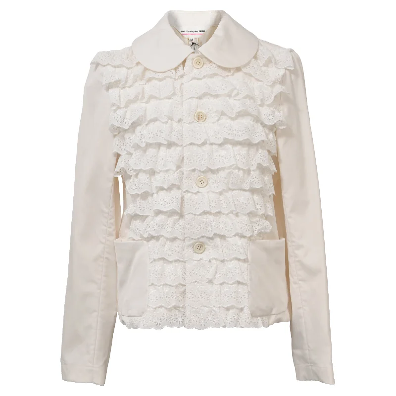 Trendy Casual Outfits Comme Des Garçons Lace and Ruffle Details Blazer in White Cotton