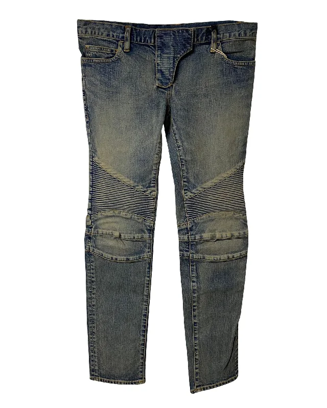 Women's Trendy Casual Clothes Balmain Washed Biker Jeans in Khaki Cotton