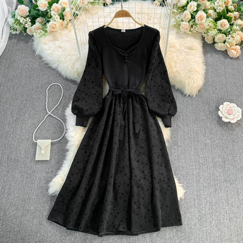 Women's Seasonal Attire French Vintage knit stitched bubble sleeve Floral Dress 3390 Women's Seasonal Attire French Vintage knit stitched bubble sleeve Floral Dress 3390