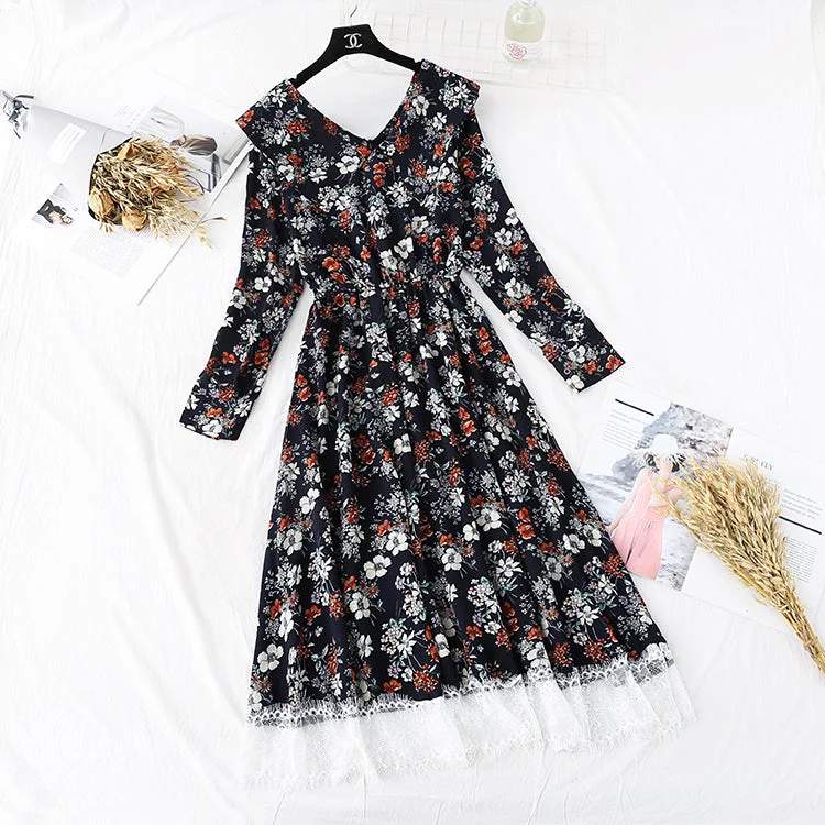 Women's Outerwear for All Weather Conditions French retro super fairy lace patchwork Floral Dress 4002 Women's Outerwear for All Weather Conditions French retro super fairy lace patchwork Floral Dress 4002