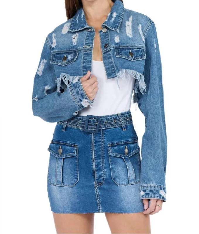 Women's Trendy Casual Outfit Chic Cropped Distressed Denim Jacket In Blue