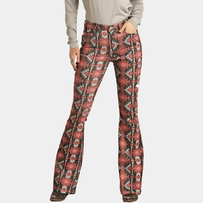 Women's Clothing For Holiday Travel Rock and Roll Denim Hooey Aztec Print Flare Jeans