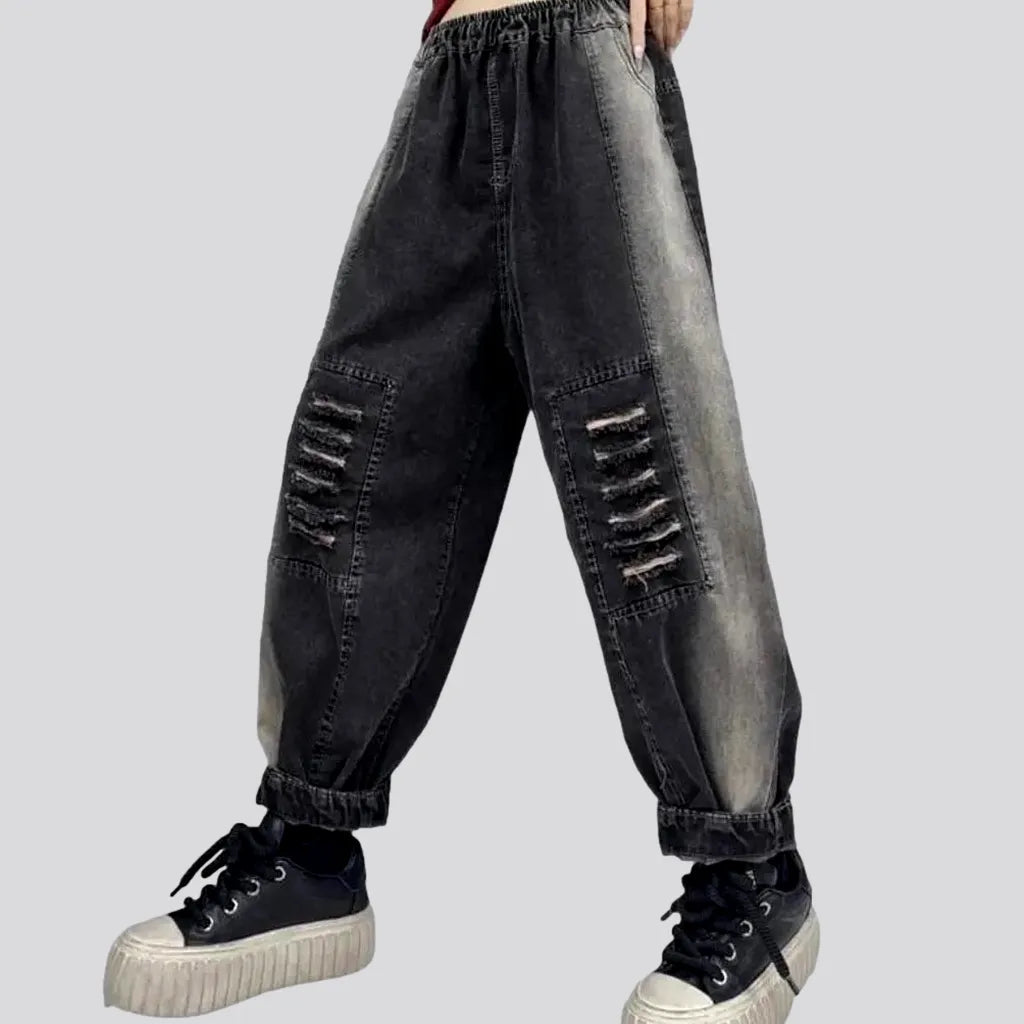 Modern Women's Apparel Side-bands distressed denim pants for ladies