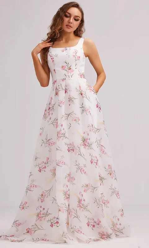 Women's Travel Attire J'Adore Dresses J23024 - Floral Printed Square Neck Prom Gown