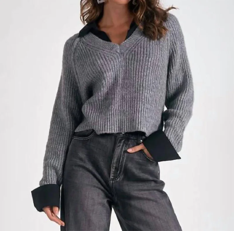 Chic Women's Clothing for Work and Travel Little Stevie Layered Sweater/shirt Combo In Grey/black Chic Women's Clothing for Work and Travel Little Stevie Layered Sweater/shirt Combo In Grey/black