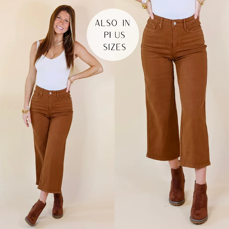 Women's Everyday Attire Last Chance Size 0, 1, 3, 9, 15, 22W & 24W |Judy Blue | Sign Me Up Tummy Control Cropped Wide Leg Jeans in Camel Brown Women's Everyday Attire Last Chance Size 0, 1, 3, 9, 15, 22W & 24W |Judy Blue | Sign Me Up Tummy Control Cropped Wide Leg Jeans in Camel Brown