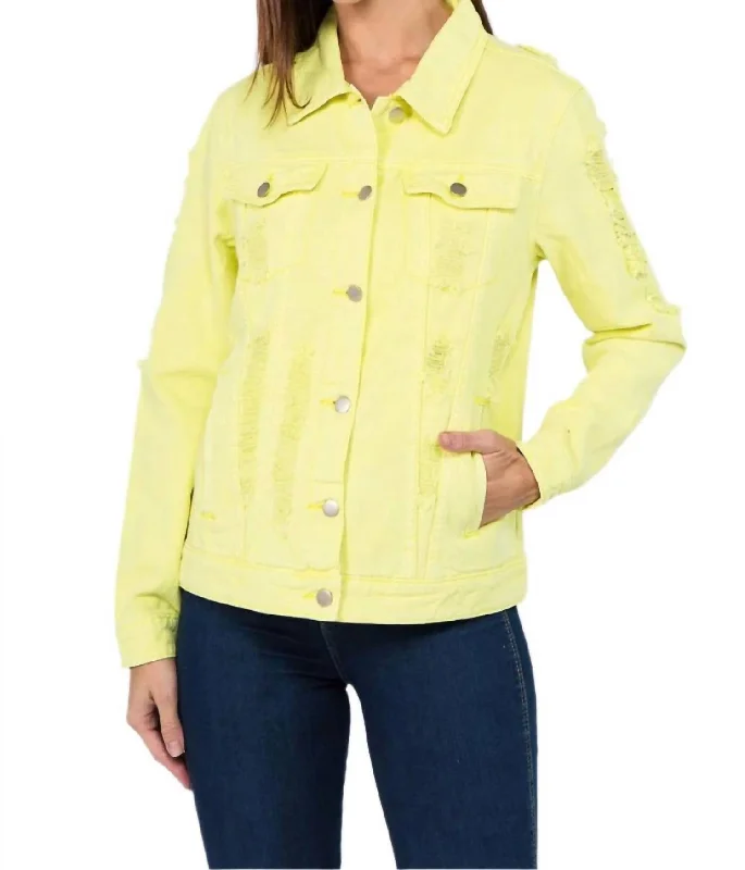 Women's Holiday Clothes Distressed Slim-Fit Denim Jacket In Lime/neon Yellow