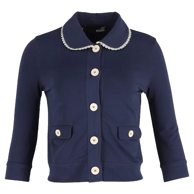 Women's Everyday Clothes Love Moschino Button Down Frilled-Collar Jacket in Navy Blue Cotton Women's Everyday Clothes Love Moschino Button Down Frilled-Collar Jacket in Navy Blue Cotton
