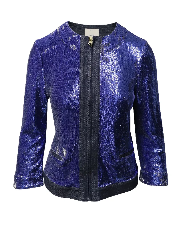 Women's Seasonal Wardrobe Clothing Pinko Tag Sequin Embellished Jacket in Blue Denim Women's Seasonal Wardrobe Clothing Pinko Tag Sequin Embellished Jacket in Blue Denim