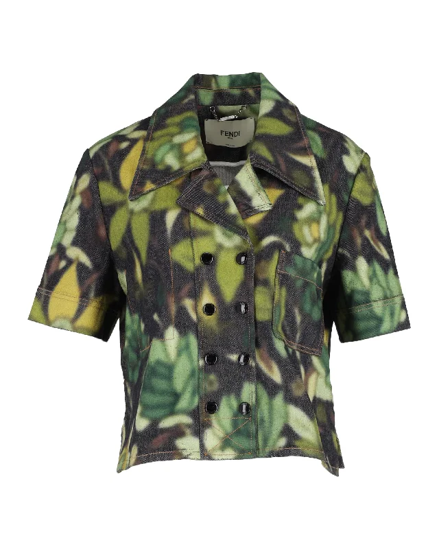 Timeless Women's Clothing Fendi Floral Buttoned Short Sleeve Jacket in Green Cotton Timeless Women's Clothing Fendi Floral Buttoned Short Sleeve Jacket in Green Cotton