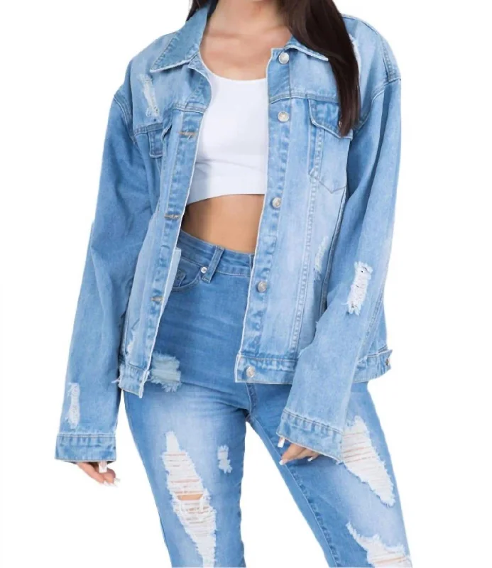 Women's Office Outfit Full Size Painted Back Distressed Denim Jacket In Blue