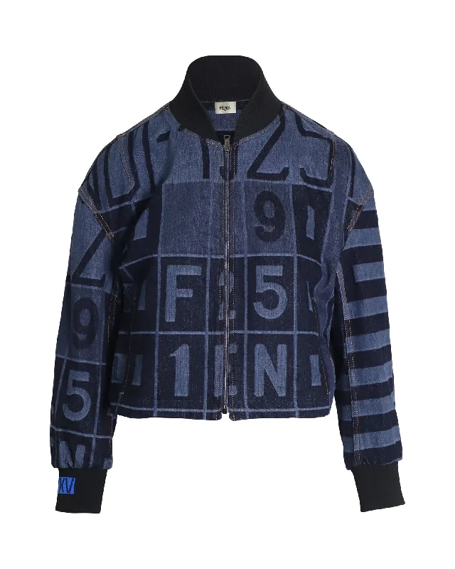 Plus Size Women's Fashion Fendi Denim Bomber Jacket in Blue Cotton Denim