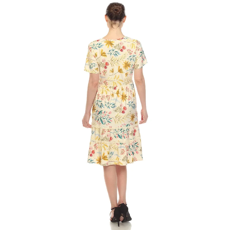 Easygoing Women's Style White Mark Floral Tiered Dress Womens Short Sleeve Knee Length Size S3X Easygoing Women's Style White Mark Floral Tiered Dress Womens Short Sleeve Knee Length Size S3X