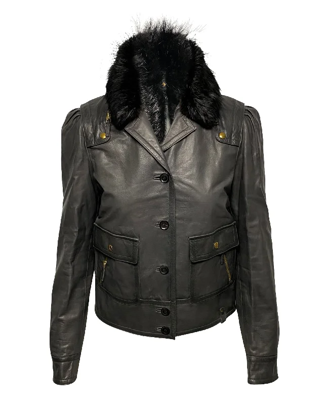 Women's Trendy Clothing Gucci Jacket with Fur Collar Detail in Black Leather