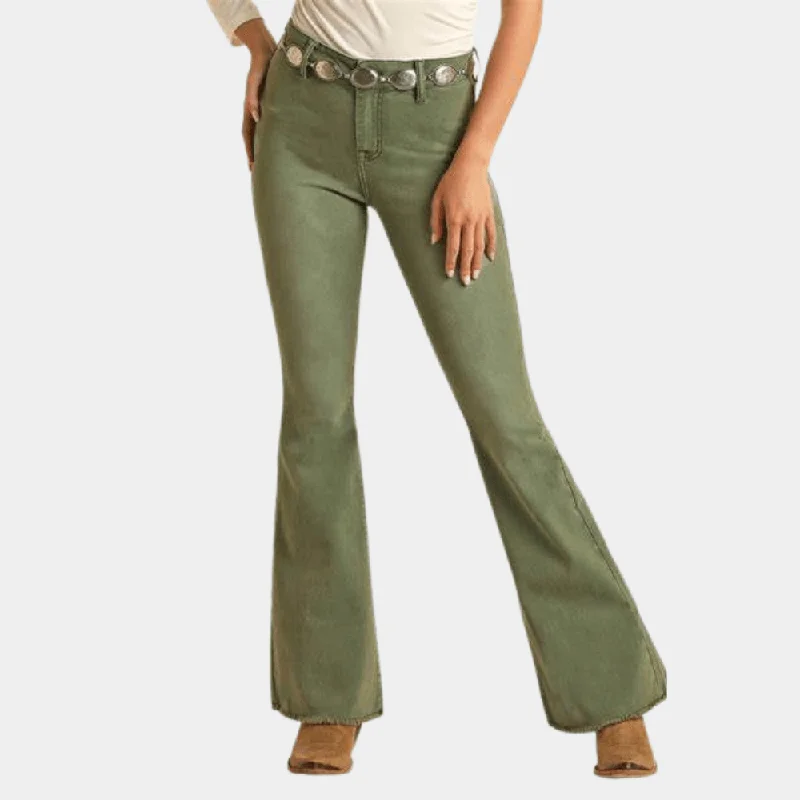 Women's Seasonal Clothing Rock and Roll Denim High Rise Distressed Army Green Flare Jeans