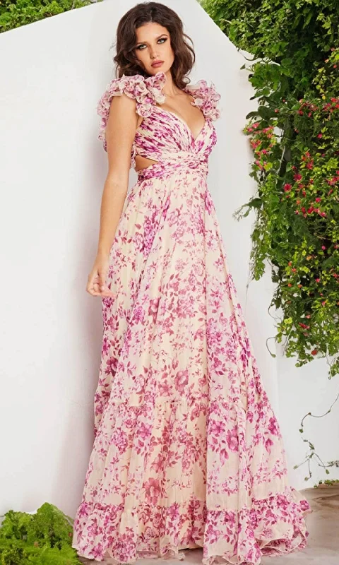 Women's Party Outfit Jovani 24139 - Floral Ruffled Evening Gown