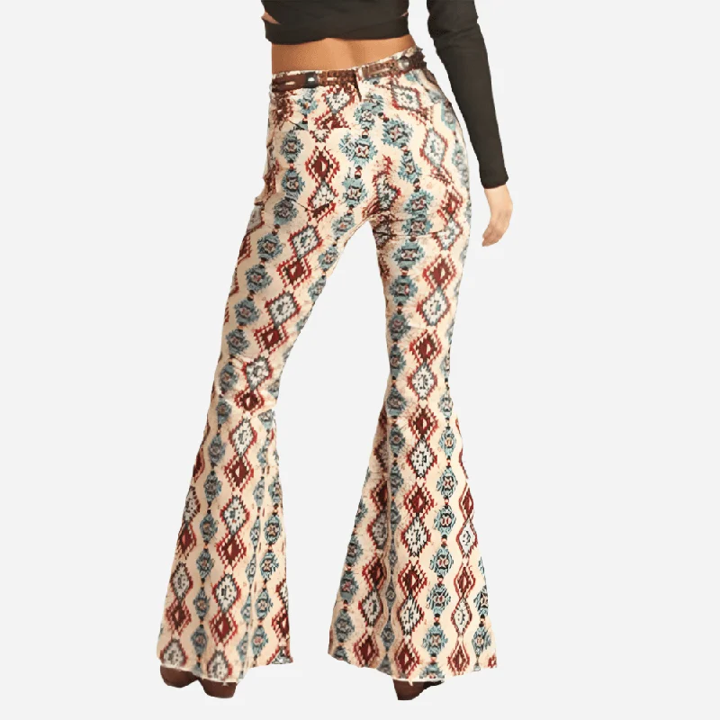 Affordable Women's Clothing Rock and Roll Denim Cowhide Aztec Print Bell Bottom Jeans