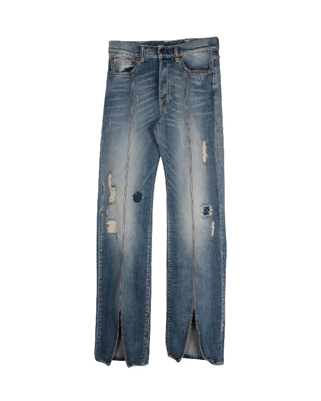 Women's Office Attire Off-White Distressed Straight Leg Denim Jeans in Blue Cotton