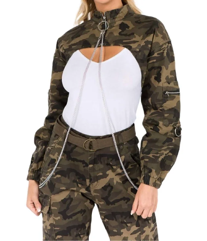 Women's Vintage-Inspired Outfit Camouflage Cropped Jacket With Chains In Olive Camo