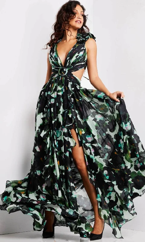 Unique Women's Fashion Pieces Jovani 39420 - Sleeveless Cutout Sides Floral Long Dress Unique Women's Fashion Pieces Jovani 39420 - Sleeveless Cutout Sides Floral Long Dress