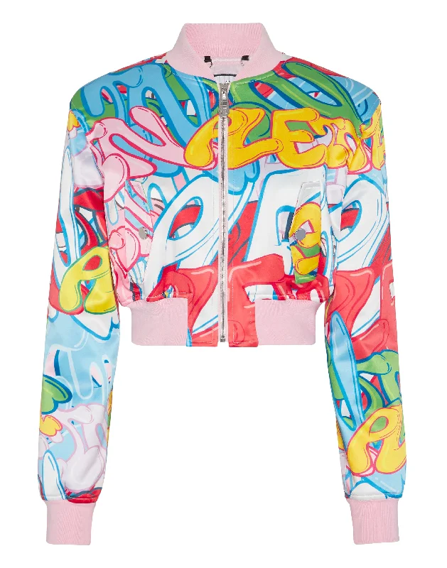 Sales Clothes Satin Cropped Bomber Bombing Graffiti