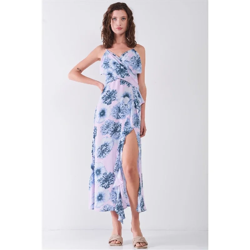Modern Women's Wardrobe Essentials Floral Print Sleeveless SelfTie Wide Wrap Front Ruffle Hem Side Slit Detail Midi Dress Modern Women's Wardrobe Essentials Floral Print Sleeveless SelfTie Wide Wrap Front Ruffle Hem Side Slit Detail Midi Dress