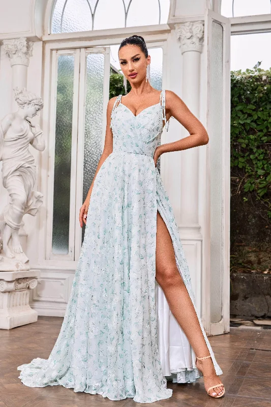 Women's Holiday Outfit J'Adore Dresses J24018 - Floral A-Line Prom Dress with Slit