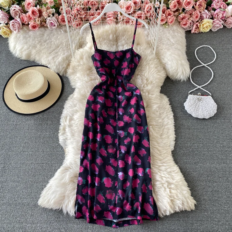 Women's Chic Outerwear Outfit Slim temperament open back suspender Floral Dress 3422 Women's Chic Outerwear Outfit Slim temperament open back suspender Floral Dress 3422