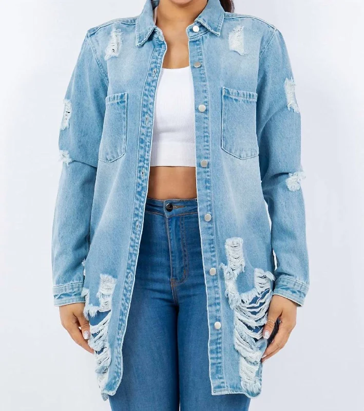 Women's Stylish Outdoor Outfit Distressed Button Up Long Sleeve Denim Jacket In Light Blue Women's Stylish Outdoor Outfit Distressed Button Up Long Sleeve Denim Jacket In Light Blue