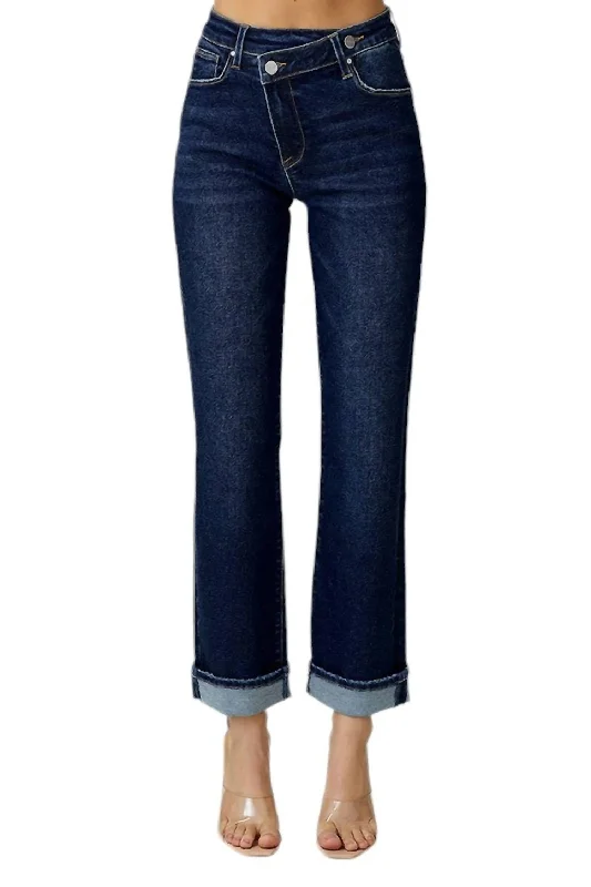 Women's Evening Outfit High Rise Straight Leg With Cross Over Waistband In Dark Denim Women's Evening Outfit High Rise Straight Leg With Cross Over Waistband In Dark Denim