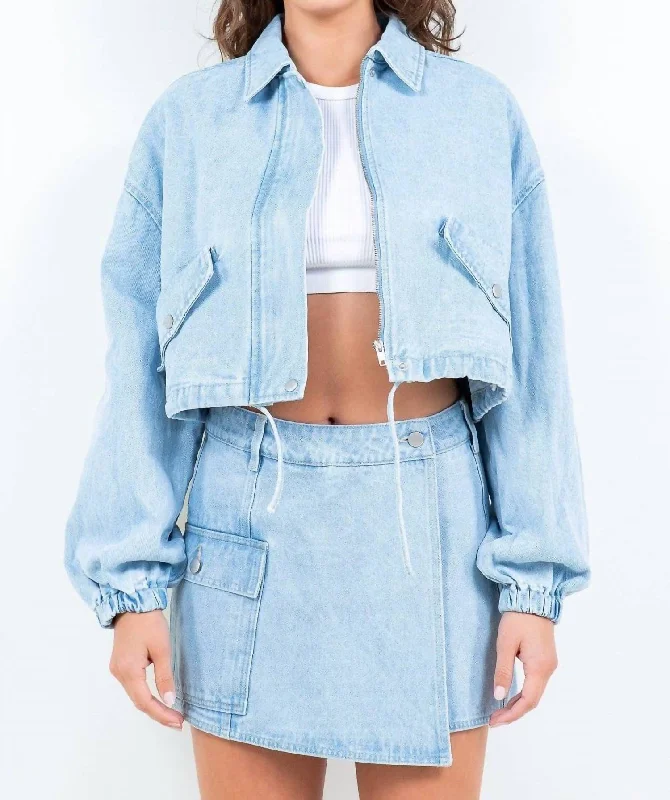 Women's Athletic Clothes Cropped Denim Jacket With Drawstring In Light Blue