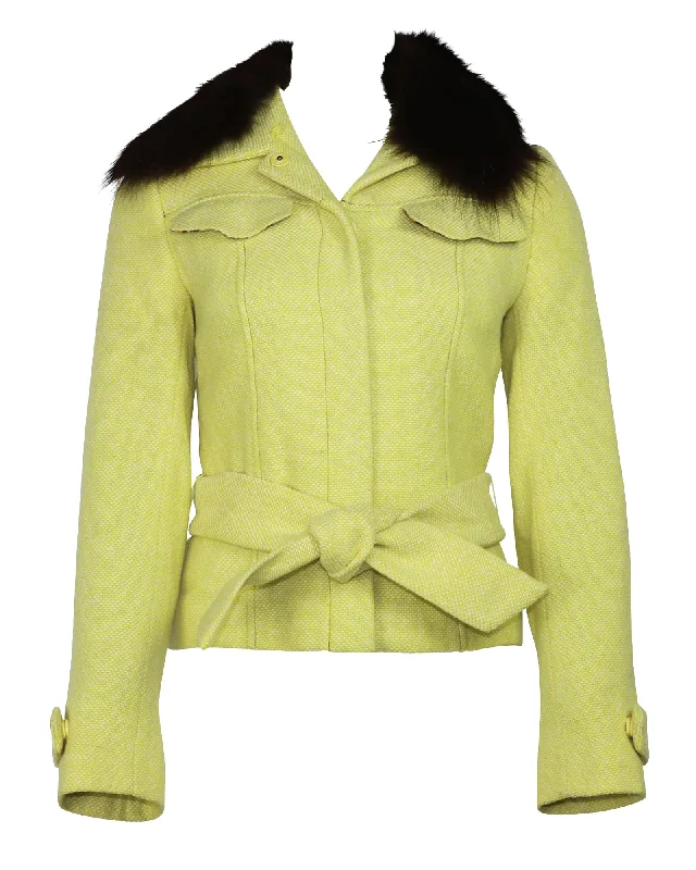 Women's Clothing For Casual Outings Dolce & Gabbana Tweed Belted Jacket with Detachable Fur in Yellow Wool Women's Clothing For Casual Outings Dolce & Gabbana Tweed Belted Jacket with Detachable Fur in Yellow Wool