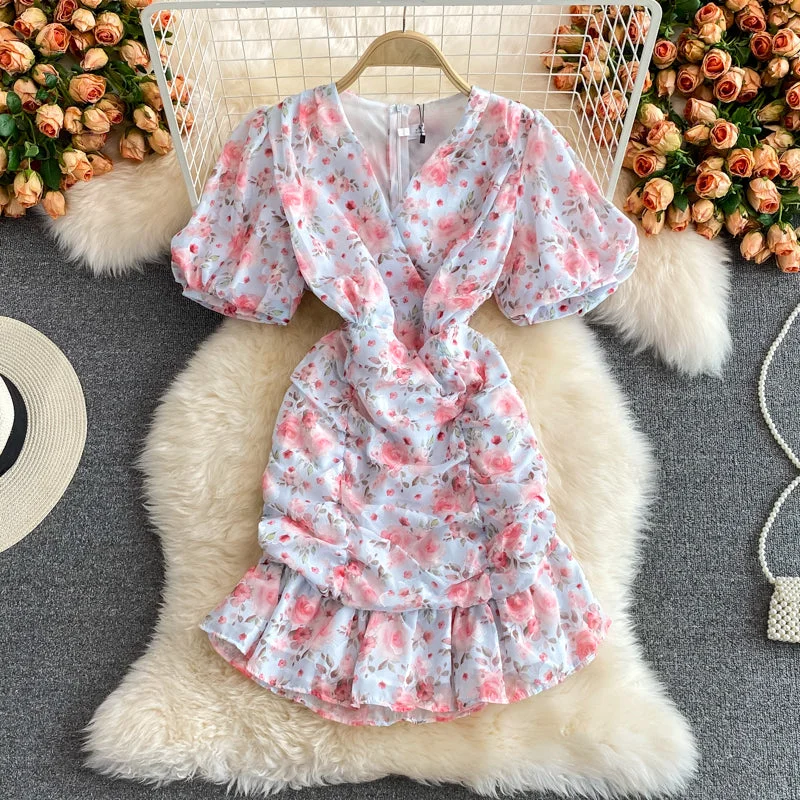 Women's Seasonal Garments Gentle wind floral V-neck fishtail wrap hip Chiffon Dress 3346 Women's Seasonal Garments Gentle wind floral V-neck fishtail wrap hip Chiffon Dress 3346