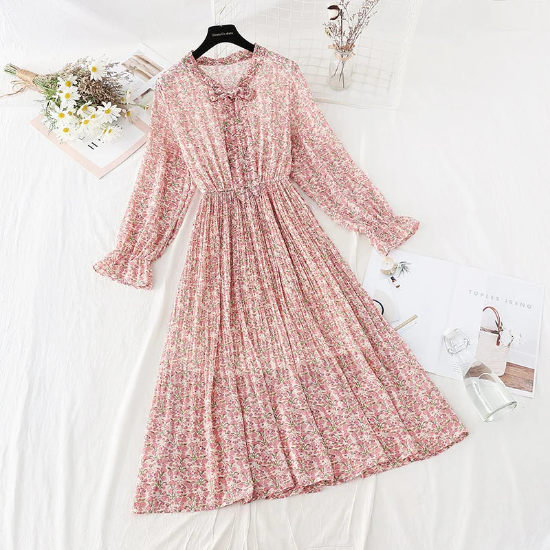 Women Wear Boutique Chiffon bow pleated skirt elastic waist temperament thin age reducing Floral Dress 4087 Women Wear Boutique Chiffon bow pleated skirt elastic waist temperament thin age reducing Floral Dress 4087