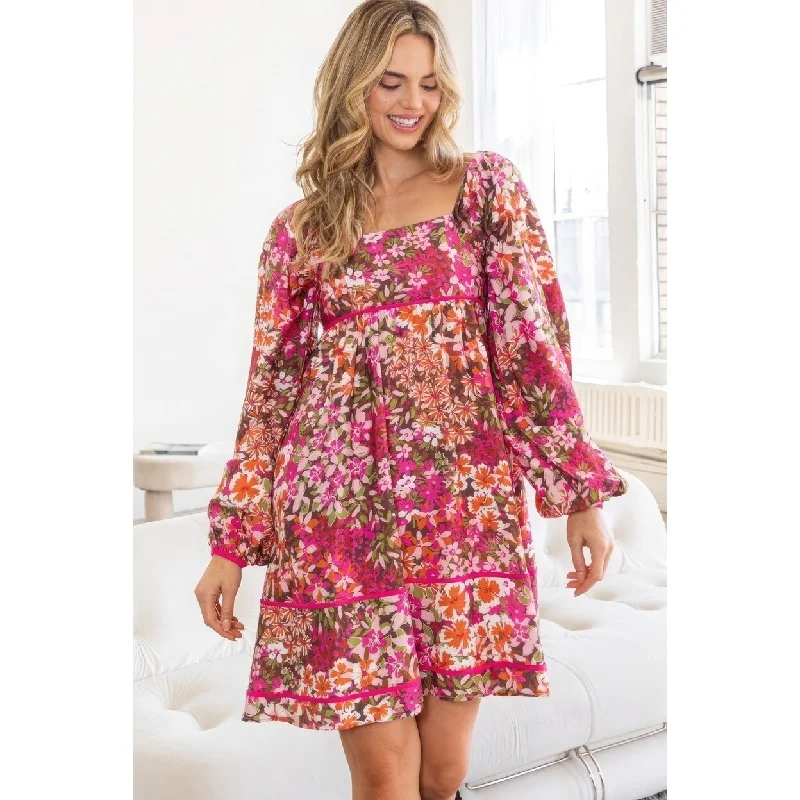 Sophisticated Women's Fashion Floral Square Neckline Mini Dress