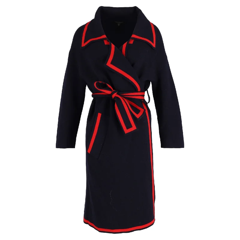 Women's High Street Fashion Burberry Midi Belted Wrap Coat in Navy Blue Wool
