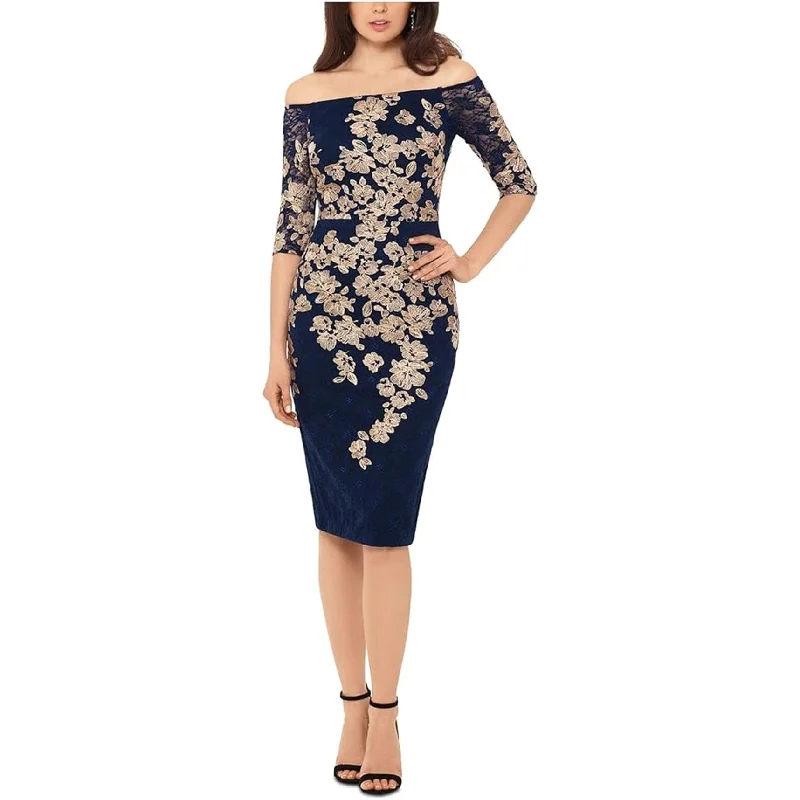 Formal Garments For Women XSCAPE Womens Metallic Floral Lace Sheath Dress, Blue, 4 Formal Garments For Women XSCAPE Womens Metallic Floral Lace Sheath Dress, Blue, 4