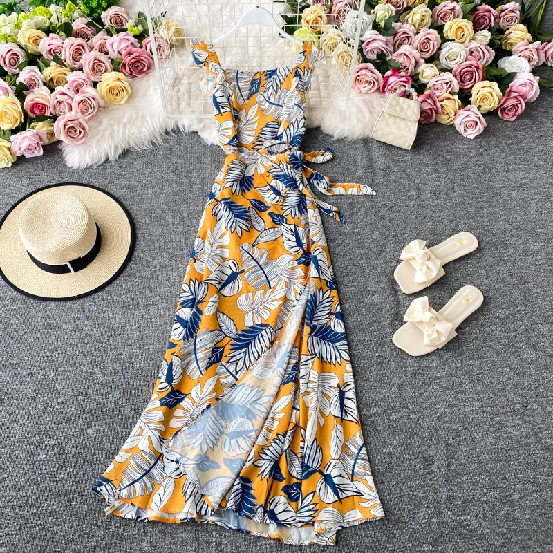 Comfortable Women's Outfits Ruffle lace up suspender Dress Chiffon Floral Dress 3790 Comfortable Women's Outfits Ruffle lace up suspender Dress Chiffon Floral Dress 3790