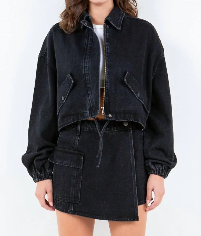 Women's Vacation Clothes Cropped Denim Jacket With Drawstring Waist In Black