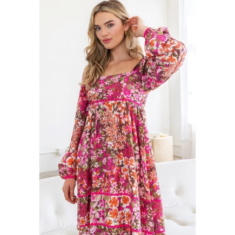 Women's Plus-Size Outfit Long Sleeves Square Neckline Floral MIni Dress