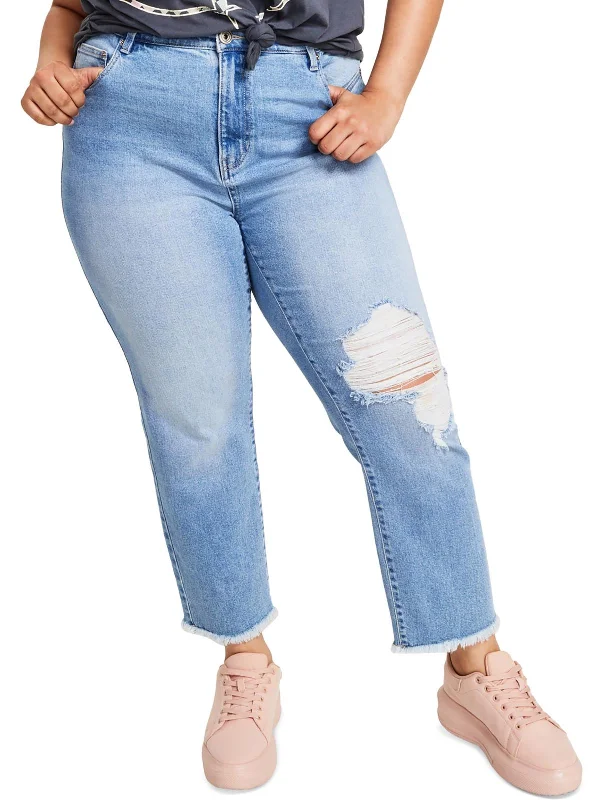 Women's Holiday Apparel Womens High Rise Frayed Hem Straight Leg Jeans
