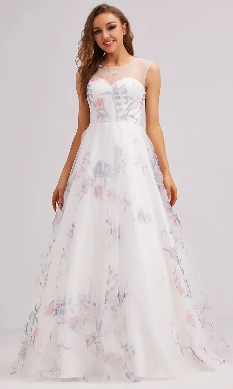 Women's Holiday Attire J'Adore Dresses J23022 - Floral Printed A-Line Prom Gown