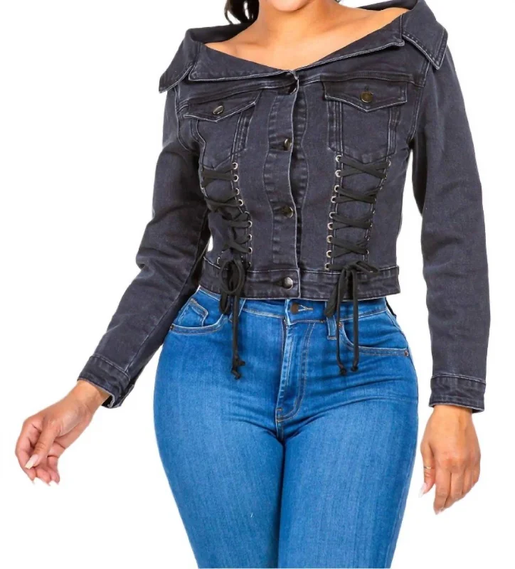 Women's Evening Clothes Chic Off Shoulder Lace Up Denim Jacket In Black