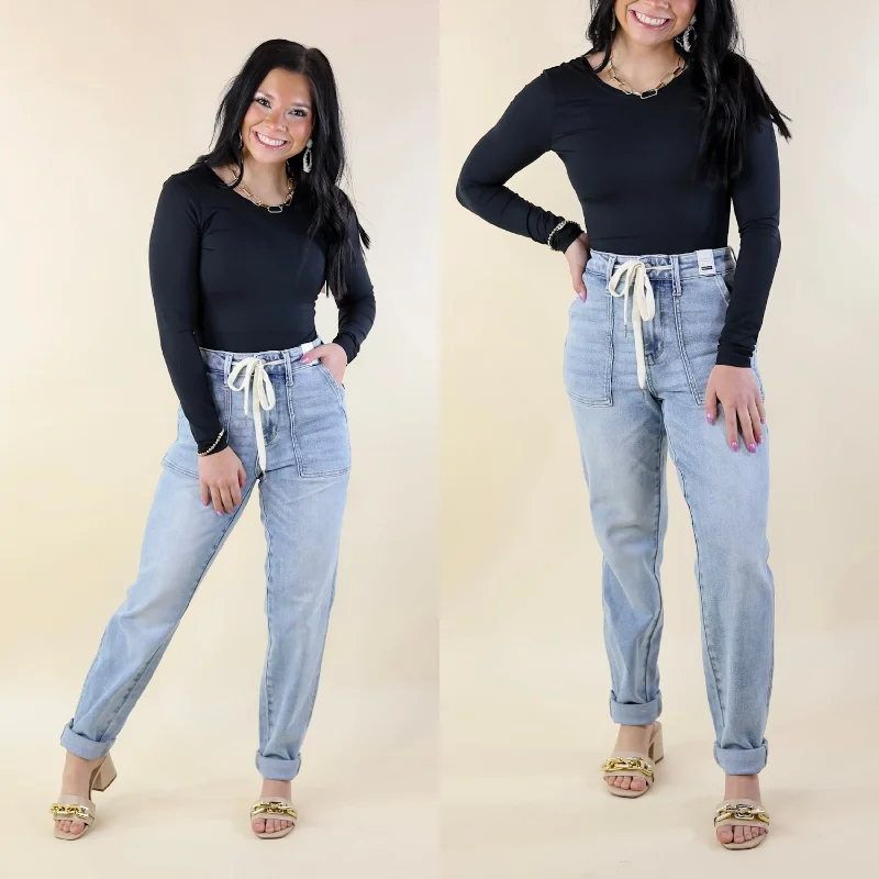 Clothing Woman Judy Blue | Keep It A Secret Relaxed Pull on Jean Joggers in Light Wash Clothing Woman Judy Blue | Keep It A Secret Relaxed Pull on Jean Joggers in Light Wash