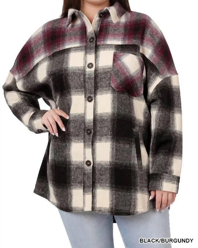 Women's Elegant Formal Outfit Colorblock Plaid Longline Shacket In Black And Burgundy Women's Elegant Formal Outfit Colorblock Plaid Longline Shacket In Black And Burgundy