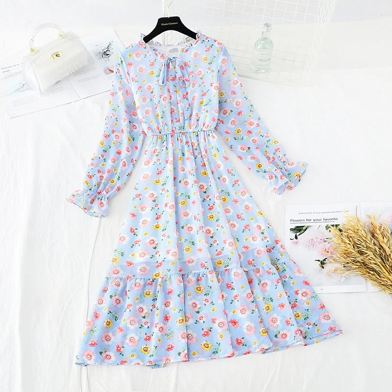 Affordable Women's Fashion Lace up collar French soft wind Floral Dress  3837